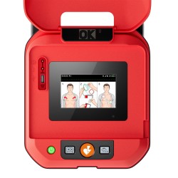 Desfibrilador Externo Automático (DEA) con pantalla LCD HeartSave YA abierto